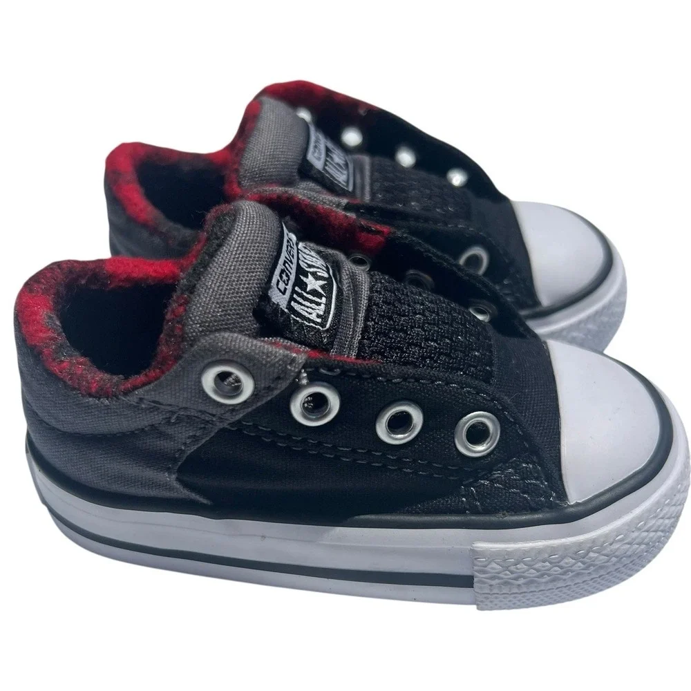 Converse All Star Low Top Toddler Sneakers  Black/Red/Gray Size 4 plaid lining